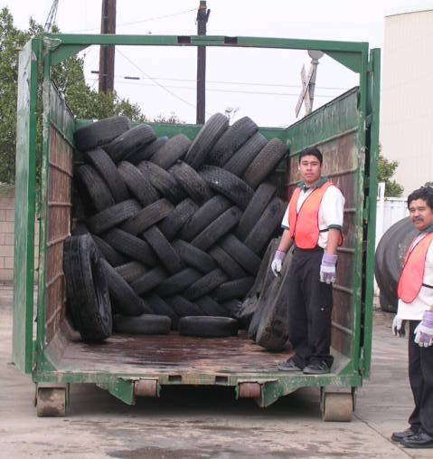 stack of tires in bin
