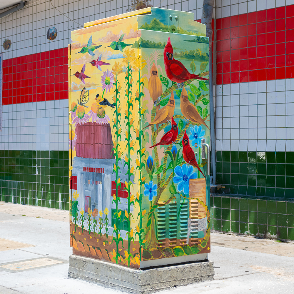artistic utility box depicting myriad of colorful birds.